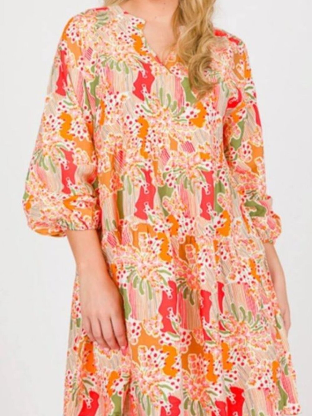 Michelle McDowell Tiered Midi Dress Sz S Balloon Sleeve Split Neck Teacher Boho